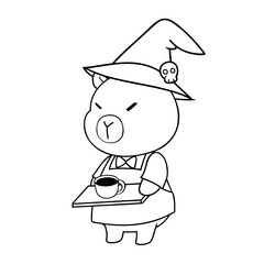 Cute capybara wearing witch hat holds tray with cup