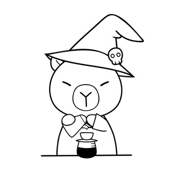 Cute capybara wearing witch hat with skull detail, holding potion