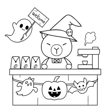 Cute capybara barista in witch hat with Halloween decor