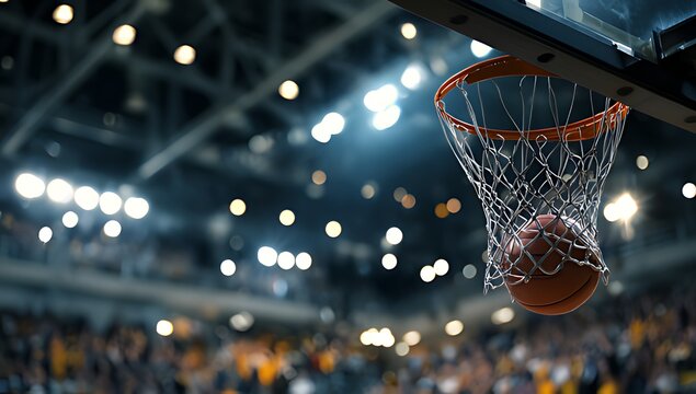 Basketball going through hoop in a crowded stadium with bright lights