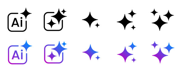 Generative ai sparkle icon set for adobe illustrator, vector collection of clean star symbols, shiny glitter effects in black and gradient for new magic features