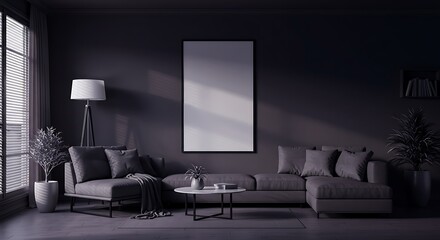 Dark minimalist living room interior with a gray sectional sofa and a blank vertical poster frame.