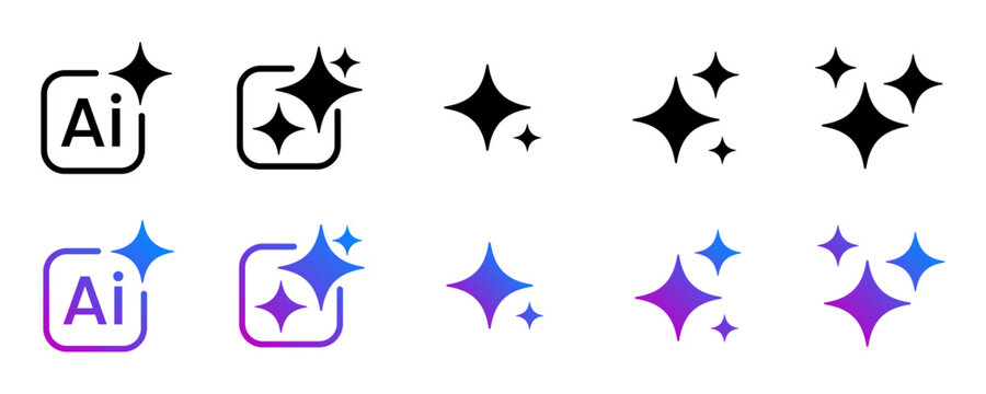 Generative ai sparkle icon set for adobe illustrator, vector collection of clean star symbols, shiny glitter effects in black and gradient for new magic features