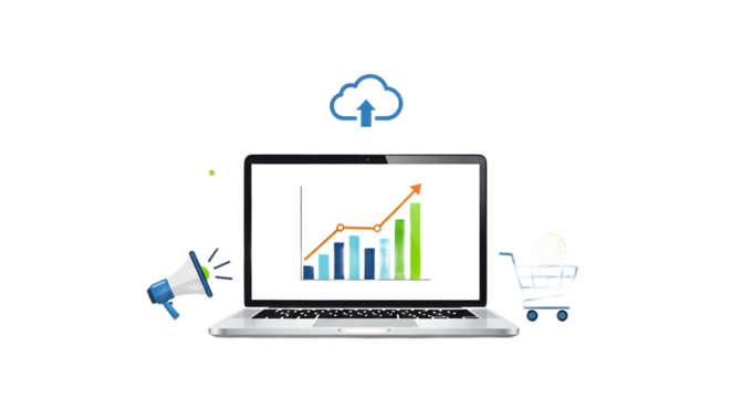Illustration of laptop showing growth chart with cloud and marketing icon