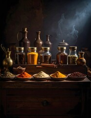 Exotic Spices in Jars and Bowls on Rustic Wooden Chest with Dramatic Lighting