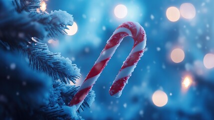 Fototapeta premium A striped candy cane is delicately placed on a frosted branch of a Christmas tree, surrounded by sparkling lights and falling snow, creating a magical winter scene.