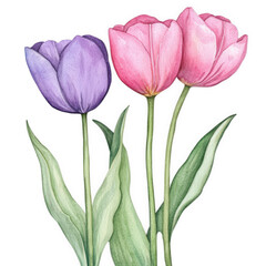 Obraz premium Three watercolor tulips in purple and pink, isolated on transparent background