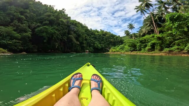 Tropical kayaking view with feet in kayak Lobok river, surrounded by jungle Bohol island, Philippines Kayaking green waters of Lobok river with feet visible jungle scenery Bohol island, Philippines