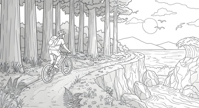 Outdoor adventure with a mountain biker on a winding coastal cliff path through a forest with ocean waves