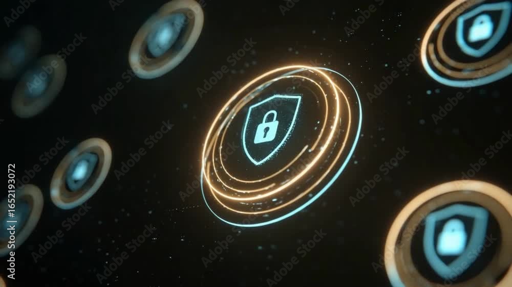 Poster cybersecurity shield icon: illustrative composition featuring interconnected digital shield icons sy