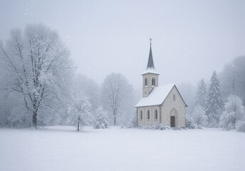 Church in snowy winter landscape