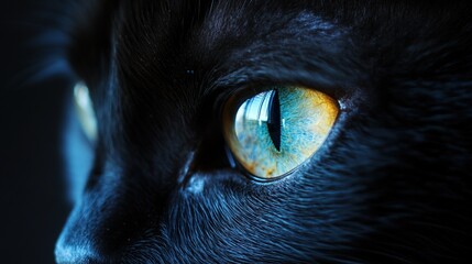 A close-up portrait of a black cat's intense eye, illuminated by a striking blue light, creating a dramatic and mysterious mood.