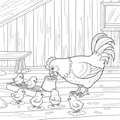 Hen line art illustration of a mother chicken feeding her chicks inside a wooden barn, perfect for coloring books and cute farmyard animal themed design projects