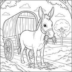 Donkey line art illustration of a donkey standing on a farm path beside a wooden cart, perfect for coloring books, rural countryside and farm animal design projects