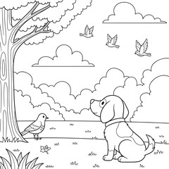 Cute dog sitting under a big tree while watching flying and resting birds in the meadow with clouds in the sky, perfect for coloring books and children’s projects