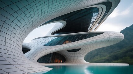 Abstract futuristic building with flowing white forms and glass elements over water architecture