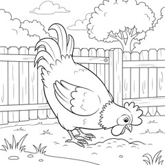 Cartoon chicken pecking the ground in a fenced backyard with grass, trees, and clouds in the background, perfect for children’s coloring books and farm animal designs