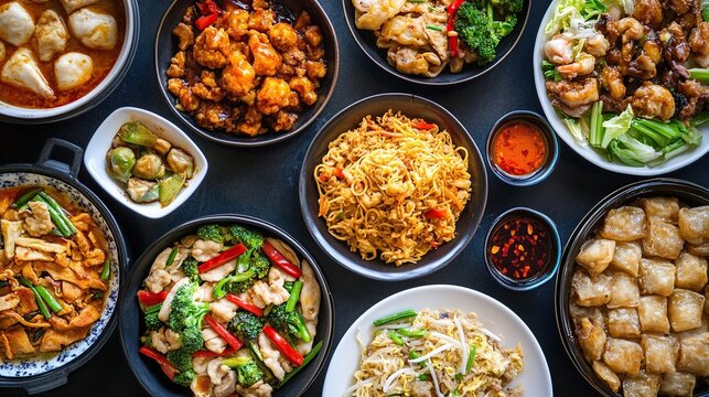 A vibrant assortment of diverse Chinese dishes is arranged on a dark table, showcasing a variety of flavors and textures.