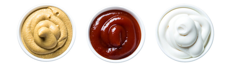 Barbeque, Green, Ranch Dressing Sauces in White Ceramic Bowl – Food Condiment PNG Transparent Cutout Set