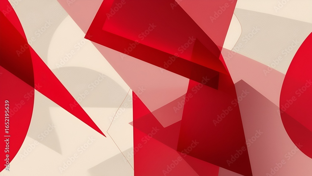 Poster artistic arrangement of red polygons and circles intersecting in a seamless abstract pattern.