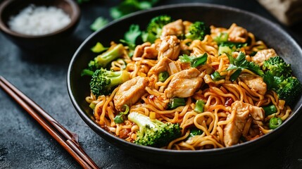 A close-up shot of a bowl of chicken noodles with broccoli, served with chopsticks and a small bowl of white rice.