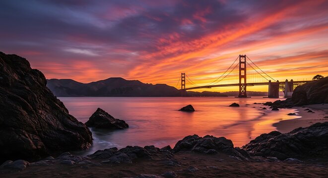 Fiery Sunset Ignites the Sky Above the Golden Gate Bridge from a Rocky Cove