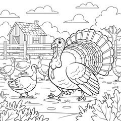 Group of turkeys walking on a farm with a wooden fence, barn, and trees in the background in cute cartoon line art illustration for animal coloring pages