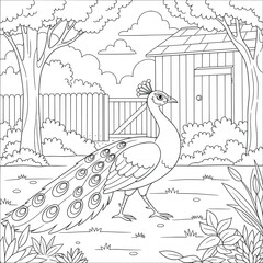 Cartoon peacock walking gracefully in a garden with trees, plants, a wooden fence, and a small shed in the background in cute line art illustration for coloring pages