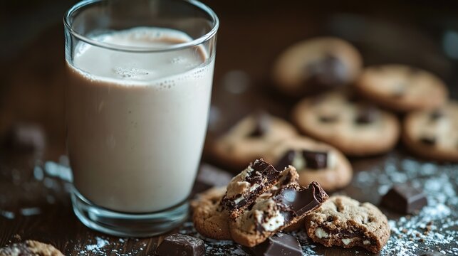 A glass of chocolate milk sits next to a plate of chocolate chip cookies on a dark wooden surface, creating a cozy and indulgent scene. - Powered by Adobe