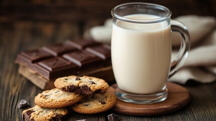 A glass of milk sits next to a bar of dark chocolate and a plate of chocolate chip cookies on a rustic wooden table.