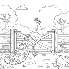 Peacock standing gracefully near a wooden gate with trees, bushes, and clouds in the background, illustrated in detailed cartoon line art style for coloring pages