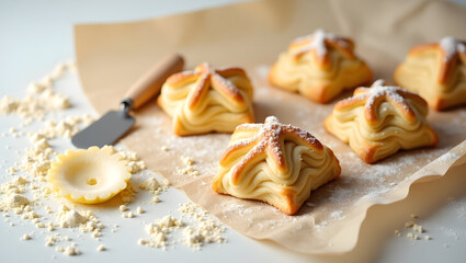 Exquisite Puff Pastry Art, A Still Life Depicting Delicate Baked Creations with Powdered Sugar