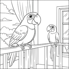 Two parrots perched on a balcony railing with a curtain, window, and cloudy sky in the background, illustrated in simple cartoon line art for coloring pages
