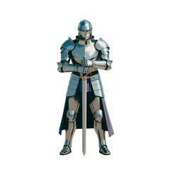 Fototapeta premium Medieval knight in armor swiftly advancing with sword and shield during a crusade in a fictional landscape