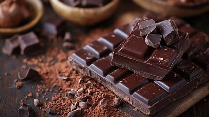 Dark chocolate bars and pieces are arranged on a rustic wooden surface, surrounded by cocoa powder and hazelnuts, creating a rich and indulgent scene.