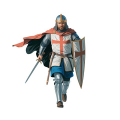 Obraz premium Medieval knight in armor swiftly advancing with sword and shield during a crusade in a fictional landscape
