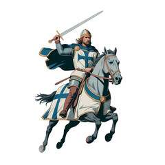 Fototapeta premium Knight on horseback brandishing sword during a medieval battle in a fictional landscape setting