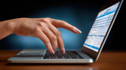 Import trade traffic concept with hand typing on laptop keyboard showing business data on screen