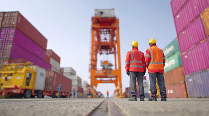 Fototapeta premium Container import traffic trade concept with workers in safety vest and helmet standing near cargo containers and crane