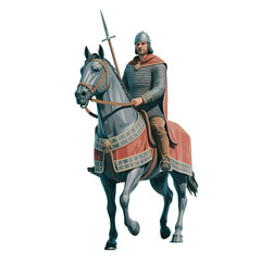 Naklejka premium Knight on horseback brandishing sword during a medieval battle in a fictional landscape setting