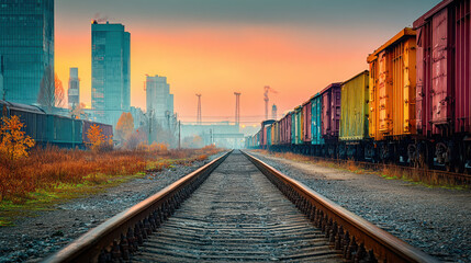 Fototapeta premium Freight train on railway track at sunset with city skyline showing import and traffic for trade logistics and transport