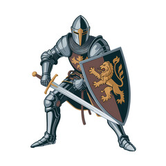 Fototapeta premium Medieval knight in armor swiftly advancing with sword and shield during a crusade in a fictional landscape