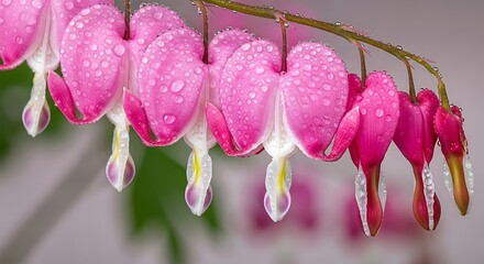 Fototapeta premium Close-up capturing the delicate beauty of bleeding heart flowers with water droplets