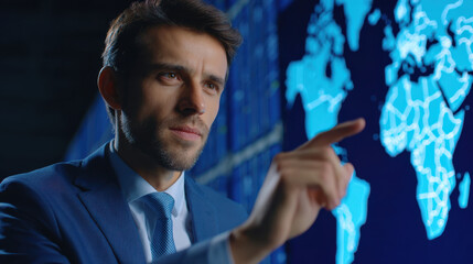 Man analyzing global import traffic on digital world map in business office with trade data visualization