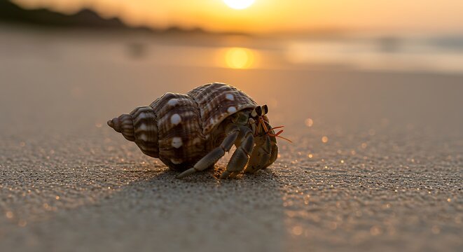 Hermit Crab in a Spotted Shell on a Glistening Beach During a Golden Sunset