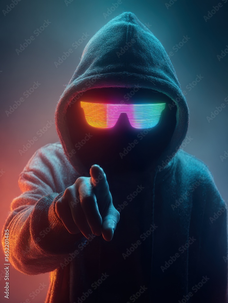 Poster hacker in hoodie with glowing glasses points finger surrounded by colorful lights atmosphere is myst