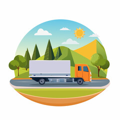 A family vacation trip in a green cartoon truck on a beautiful road