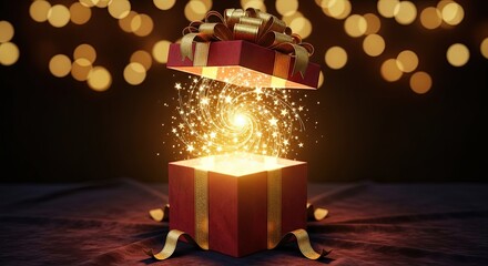 Magical gift box bursts open with sparkling golden light and starry magic, evoking wonder and celebration.