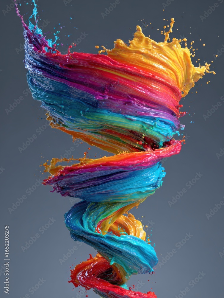 Poster colorful swirling water splash in funnel shape with vibrant rainbow gradient and dynamic motion effe
