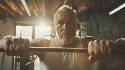Senior man doing resistance band exercise cinematic lighting sharp focus high detail realistic style diverse model natural expression clean gym environment soft shadow contrast dynamic pose no text no